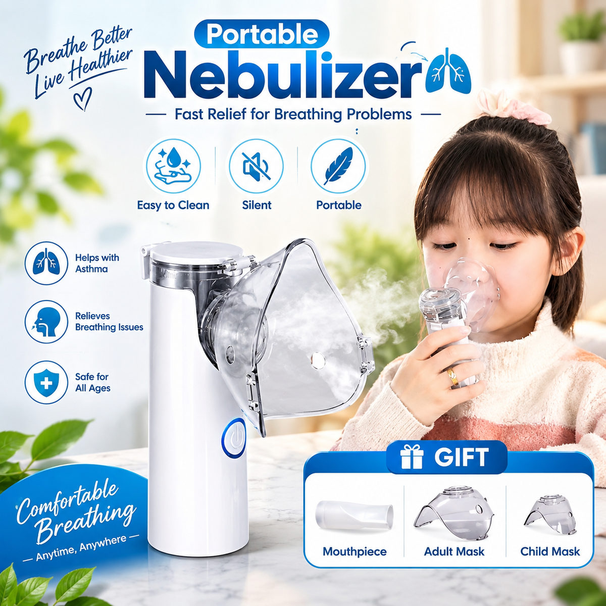 Portable Mesh Nebulizer Machine JSL-W302 with Masks & Mini Inhaler for Kids & Adults