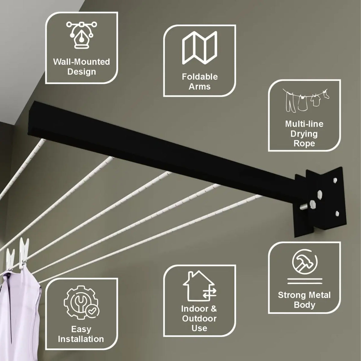 Foldable Wall-Mounted Clothesline with 30 Feet Free Rope(کپڑے سکھانے کا اسٹینڈ)